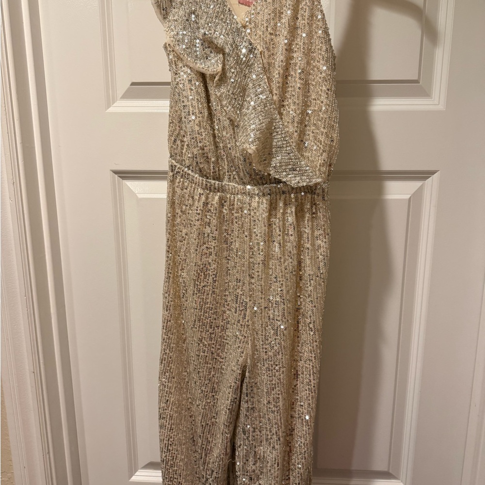 BCBG Girls Sequin One-Shoulder ruffled Kids size 8 Jumpsuit Champagne light gold